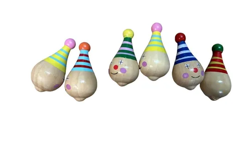Kreisel Clown im 6er Set, aus Massivholz mit farbenfrohem Clownsgesicht