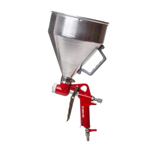 Trichterpistole Putzmeister 5L-ALU mit 3 Düsen - Druckluftpistole zum Verputzen und Streichen, leicht und langlebig aus Aluminium. Ideal für das Auftragen von Putzen und das Erzeugen von Strukturen an Wänden.