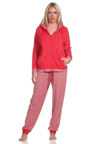 Normann Damen Frottee Hausanzug mit Bündchen im Tupfen- und Ringeldesign - auch in Übergrössen, Farbe:Allover, Größe:52-54