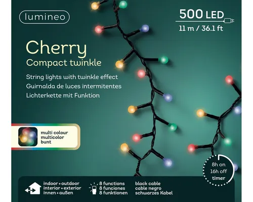 Lumineo Lichterkette Cherry 500 LEDs - Bunte Party-Girlande für Innen und Außen - Lichterkette mit 500 bunten LEDs, ideal für Feste und Anlässe. Wetterfest (IP44) und energieeffizient, sorgt sie für festliche Stimmung drinnen und draußen.