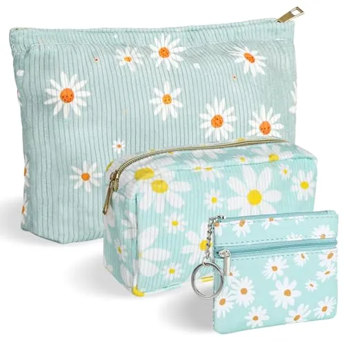 Stück Kosmetiktasche Damen, Cord Make Up Tasche, Blumenmuster Schminktasche mit Reißverschluss, Kulturbeutel Damen Grün für Frauen und Mädchen 3