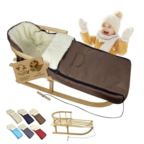 Kombi-Angebot Holz-Schlitten mit Rückenlehne & Zugseil + universaler Winterfußsack (108cm), auch geeignet für Babyschale, Kinderwagen, Buggy, aus Wolle Uni (braun)