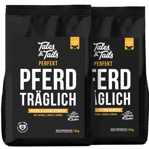 Tales & Tails Halbfeuchtes Trockenfutter für Hunde - Getreidefrei, Pferd (2er Pack, 4 kg) - Hochwertiges halbfeuchtes Hundefutter mit Pferd als einziger tierischer Proteinquelle. Ideal für Allergiker und durch weiche Konsistenz besonders schmackhaft. Nährstoffreich und gut verträglich.
