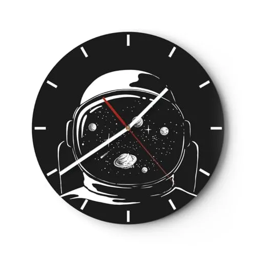 Modern Wanduhr Astronaut Kosmos Universum 30x30cm Rund Klein Wand Uhr Glas Analog Zimmeruhren Küche Büro Wohnzimmer Glasuhr Wall Clock Dekoration Design Wanddekoration Küchenuhr C3AR30x30-5341