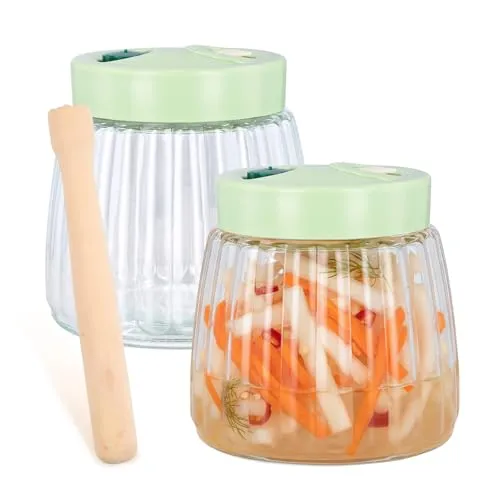 Stück Fermentierglas 1L mit Entlüftungsventil, 2 Glas Fermentiergewichte 7cm, Fermentier-Stampfer aus Holz, Gärglas mit Doppelventil, Kimchi Behälter für Sauerkraut, Marmelade, Sauerteigstarter 2