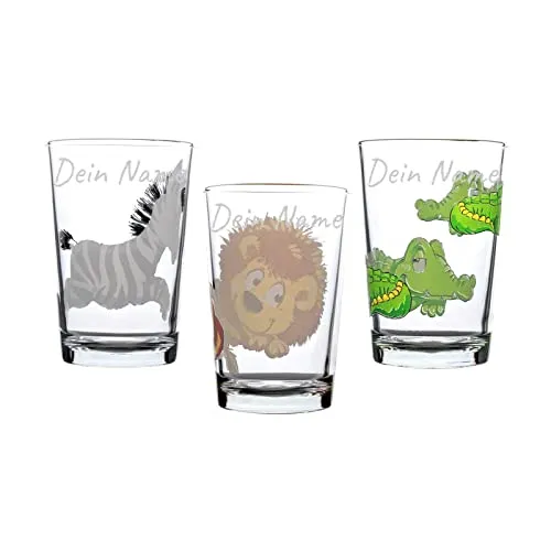 LUXENTU Kinderbecher mit Gravur, 3er Set Trinkgläser Happy Zoo, 205 ml, Kindergläser mit persönlicher Namensgravur, Individualisierbar & Anpassbar mit 3 verschiedenen Namen