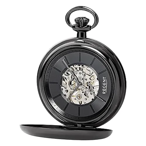 Regent Herren Taschenuhr Handaufzug Mechanisch Skelett Glasboden Gun Metal IP P-710 - Elegante Taschenuhr für Herren mit mechanischem Handaufzug und Skelett-Design. Ideal als Geschenk, bietet sie einen Blick auf das präzise Uhrwerk durch den Glasboden.