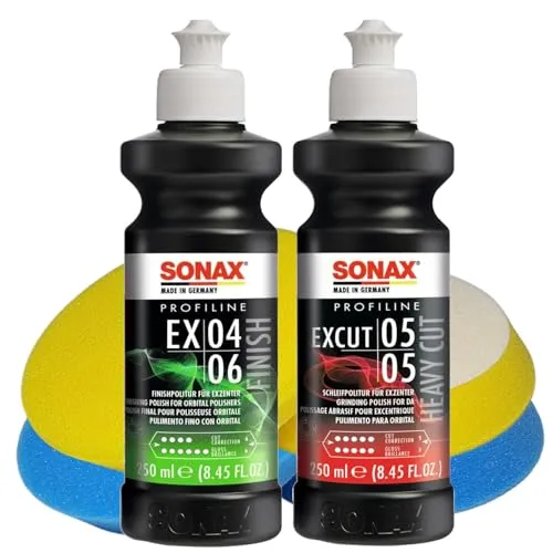 Polier-Set bestehend aus Sonax Polituren EX 04-06 / EXCUT 05-05 je 250ml und 4 Stück Craft-Equip Polierpads