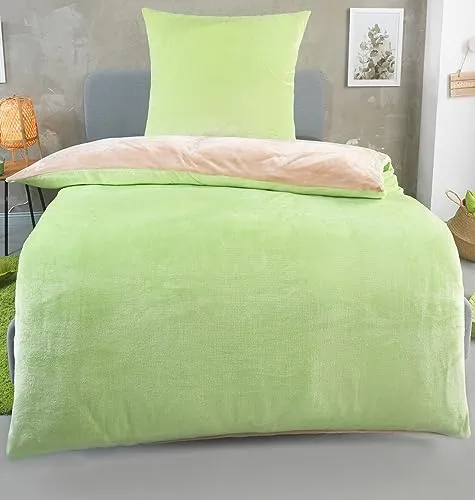 DreamHome Winter Wende Plüsch Bettwäsche 135x200 Nicky-Teddy Cashmere Touch Coral Fleece Bettdezug + Kissenbezug 80x80, Farbe:BEIGE-GRÜN