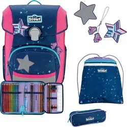 SCOUT Basic Neo Set 4-teilig Pretty Star - Schulranzen-Set mit reflektierender Oberfläche für Sicherheit und genug Platz für Lernmaterial und Snacks. Inklusive zwei Schlampermäppchen und Sportbeutel.