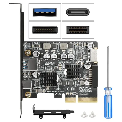 Jorkar PCIe USB C 3.2 Gen2 Karte 10Gbit/s, USB-C + USB-A + Type-E A-Key Frontpanel, 19/20 Pin Header, PCI Express Erweiterungskarte für Desktop PC