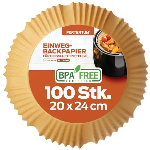 PORTENTUM Backpapier für Heißluftfritteuse 100 Stück, Einweg und ungebleicht. Geeignet für 5 bis 8 Liter. Lebensmittelechtes Backpapier, BPA-frei, FDA- und LFGB-zertifiziert