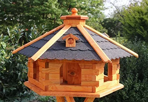 Maxi Vogelhaus mit Ständer - Holzdekoladen Typ 5.1, Schwarz - Extra großes Vogelhaus für Wildvögel mit wasserundurchlässigen Bitumschindeln, großzügigem Futterschacht und 6 Anflugöffnungen. Ideal für die Vogelfütterung im Garten.