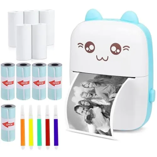 WANGCL Thermo-Etikettendrucker mit USB-Aufladung, tragbarer Bluetooth-Fotodrucker, kompatibel mit Android oder iOS, mit 1 Rolle Thermopapier, Blau