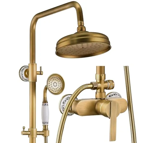 ESOP Duscharmatur Messing Antik Regendusche Duschsystem Wandhalterung Duschsystem Antik Duschset mit 20cm Drehbar Duschkopf, Handbrause, Einstellbar Duschstange