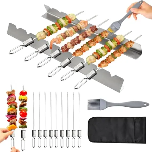 Stück BBQ Edelstahl Grillspieße Set, Wiederverwendbare Schaschlikspieße Rouladenspieße mit Schaschlik-Rack Bürste Aufbewahrungstasche Grillzubehör Gasgrill für Fleisch Gemüse 12
