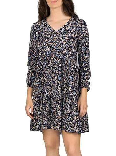 DENIMFY A Linien Kleid DFIda - Elegantes Midikleid für Damen - Freizeitkleid mit Blumenmuster, V-Ausschnitt und elastischen Bündchen für ein luftiges Tragegefühl. Ideal für den Sommer und vielseitig kombinierbar.