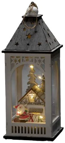 Konstsmide LED Holzlaterne mit Haus, weiß - Weihnachtsbeleuchtung mit 6h Timer und 8 warmweißen Dioden, ideal für gemütliche Abende und festliche Stimmung im Innenbereich.