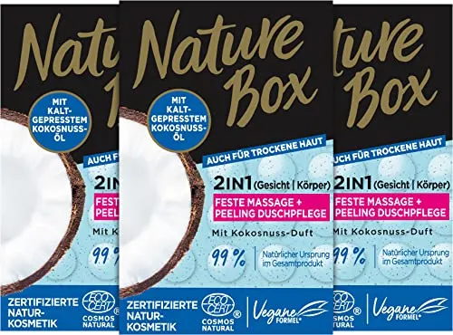 Nature Box 2in1 Feste Massage + Peeling Duschpflege mit Kokosnuss-Duft (90 g), Duschseife mit kaltgepresstem Kokosnuss-Öl, festes Duschgel in recycelbarer Verpackung