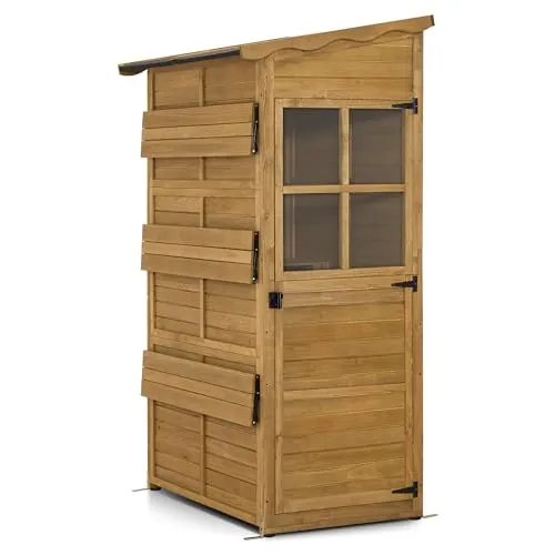 M MCombo Gartenschrank Wetterfest - Begehbarer Geräteschuppen - Gerätehäuser mit 3 festen Regalen und großzügigem Innenraum, wetterfestes Design mit UV-Schutz, ideal für die Aufbewahrung von Gartenutensilien im Außenbereich.