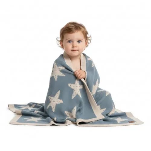 Little Dedi Seesterne Babydecke 80x100 cm – Weiche, beidseitig verwendbare Acryl-Strickdecke mit Schleife – Oeko-TEX Zertifiziert – Rauchblau