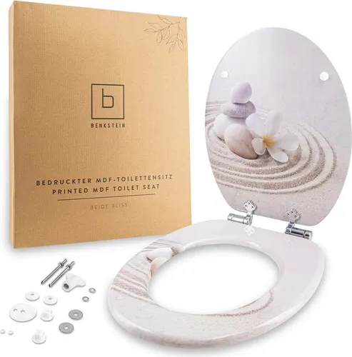 BENKSTEIN Toilettendecke - Beige Bliss, modern und stylish - WC-Sitz aus hochwertigem Kunststoff mit trendigem Grafikdruck, Quick-Release-Funktion für einfache Reinigung und doppelte Absenkautomatik für geräuschloses Schließen – ideal für dein Badezimmer!