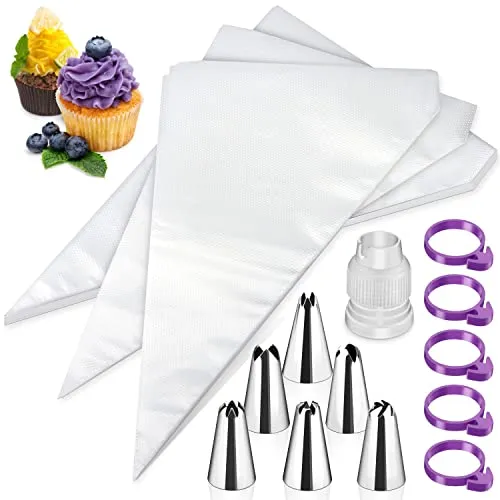 SOGUDE Einweg Spritzbeutel, 100 Stück Größe Einweg Spritzbeutel + 5 Gummiringe gemeint + 6 Spritztüllen + 1 Kuchen Kupplung für Spritztüllen, BackzubehörTorten Dekoration Set für Cupcakes