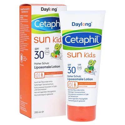 CETAPHIL Sun Daylong Kids SPF 30 - 200 ml - Sonnenschutzmittel für empfindliche Kinderhaut, bietet sofortigen UVA- und UVB-Schutz mit Dexpanthenol und Aloe Vera. Extra wasserresistent und dermatologisch getestet, ideal für Babys und Kinder.