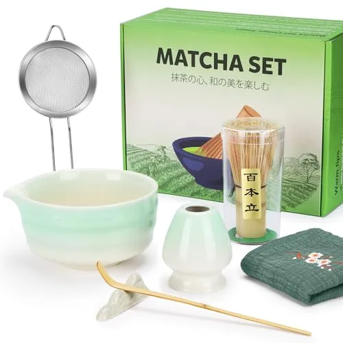 Matcha Set, 7 Stück Macha Tea Set mit Matcha Besen, Matcha Schale und Löffel, Matcha Besen Set für Matcha Liebhaber, die Frühstück, Latte, Ideales Werkzeug für Matcha Anfänger