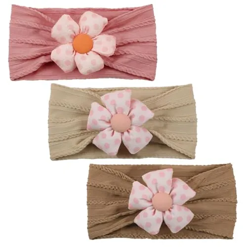 Stück Baby-Blumen-Stirnband, Nylon-Baby-Stirnbänder, weiche Haarbänder, Zubehör für Neugeborene, Kleinkinder (Khaki Brown Pink) 3