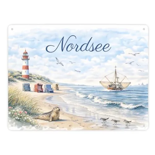 Nordsee Leuchtturm Souvenir Metallschild XXL in 28x38 cm für Küstenliebhaber Maritimer Spruch Blechschild mit Küstenflair