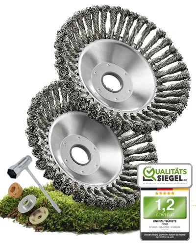 FISO® Profi Unkrautbürste - 2 Stück für Motorsense - Jäter für effektive Unkrautentfernung, rostfrei und langlebig, ideal für Pflasterfugen, Terrassen und Rasenkanten ohne Chemikalien.