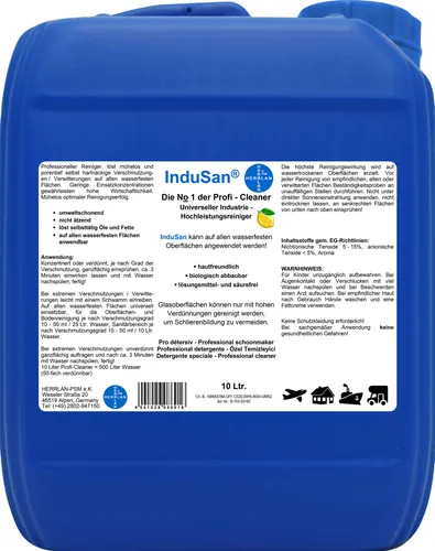 InduSan Reinigungskonzentrat 10 Liter Kanister - Citrus-Duft - Allzweckreiniger für Profi-Anwendungen, löst hartnäckige Verschmutzungen mühelos und ist umweltschonend. 10 Liter Konzentrat ergeben bis zu 500 Liter Reinigungslösung.