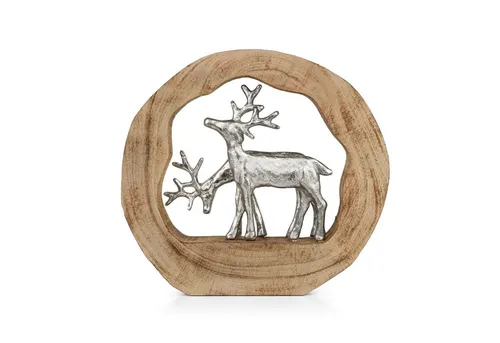 Moritz Skulptur Dekofigur Rentiere im Holzring aus Mangoholz und Aluminium 27,5cm, Holz, Tischdeko, Fensterdeko, Wanddeko, Holzdeko, Weihnachtsdeko