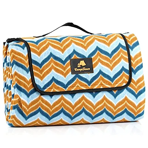 CampFeuer Picknickdecke 200x200 cm | blau/braun | Muster: Zickzack | XXL Campingdecke wasserabweisend | Stranddecke isoliert, Outdoor Decke | Camping Zubehör Picknick, Campingmatte