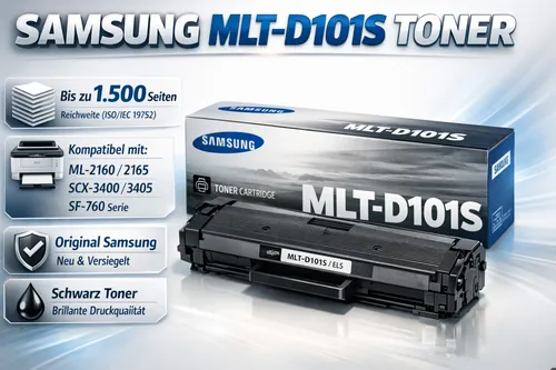 HP (Samsung) Toner MLT-D101S ELS SU696A - Originaltoner schwarz, 1.500 Seiten Kapazität, ideal für Samsung ML-2160 Series und perfekte Druckqualität für Büros