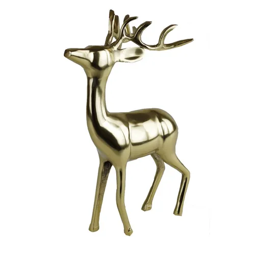 Hirsch Figur stehend aus poliertem Aluminium - Elegante Dekofigur in Gold, ideal für festliche Weihnachtsdekoration oder als stilvolles Wohnaccessoire.