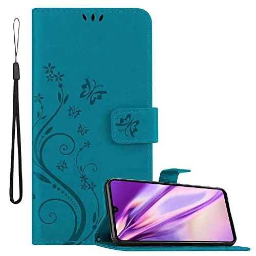Cadorabo Hülle kompatibel mit Huawei P30 LITE Blumen Design aus Premium Kunst Leder Flip Klappbare Stoßfeste Magnetische [Standfunktion] [Kartenfächern] Cover Hülle für Huawei P30 LITE Tasche in Blau