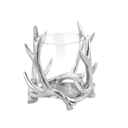 Windlicht Glas Metall Alu Kerzenhalter Hirsch Geweih Deko Teelichhalter 15 cm