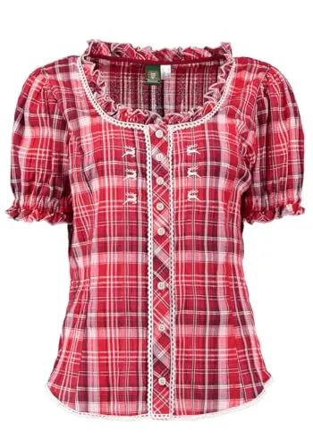 OS Trachten Damen Bluse Kurzarm Trachtenbluse mit Rundhalsausschnitt Klosy, Größe:40, Farbe:mittelrot