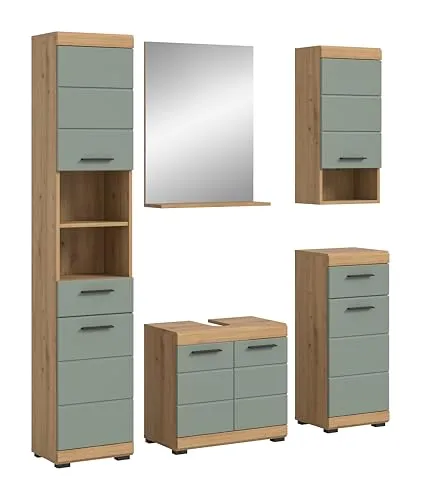 xonox.home Bad Scout X06N3B01 Badkombination - Komplettprogramm für Badezimmer mit modernem Design in Salbei und Artisan Eiche. Bietet großzügigen Stauraum und pflegeleichte Oberflächen für langlebige Nutzung.