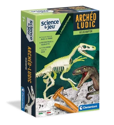 Clementoni | Archéo Ludic – Velociraptor 7 Jahre + | Dinosaurier-Lernspielzeug mit wissenschaftlicher Ausgrabungs-Set | Leuchtendes Skelett zum Nachstellen | Geschenk für Kinder Paläontologie