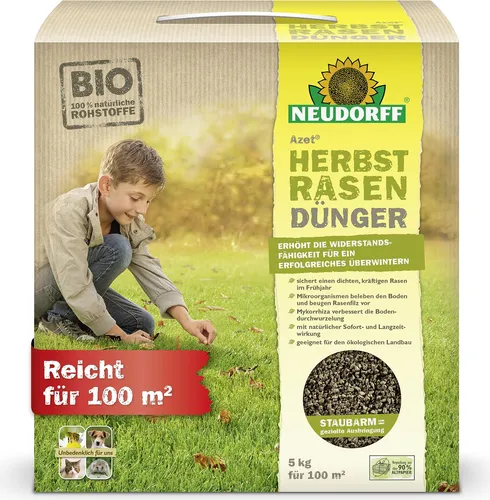 Neudorff Azet HerbstRasenDünger 5kg - Winterfester Rasendünger - Dünger für eine optimale Rasenpflege im Herbst, stärkt die Frosthärte durch hohen Kaliumgehalt und sorgt für einen vitalen Start im Frühjahr.