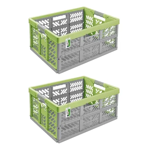 2X Stabile Profi Klappbox 45L - 54 x 37 x 28 cm - Einkaufskiste klappbar mit Soft-Griffe - Transportkiste stapelbar, Grass Green