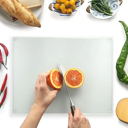 Kitchenville Glasschneidebrett 40×30 cm – Hygienisches Schneidebrett aus gehärtetem Glas – Hitzebeständig, Kratzfest & Rutschfest – Glasplatte für die Küche – Gewebte Struktur