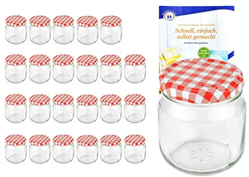 MamboCat 24er Set Rundgläser 212 ml nieder Deckelfarbe rot weiß kariert to 66 inkl. Diamant Gelierzauber Rezeptheft, Marmeladengläser, Einmachgläser, Einweckgläser, Gläser
