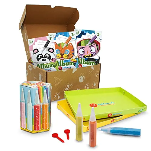 Sabbiarelli Sand-it For Fun - Box Alle maskiert (ab 3), Sand Art Bastelset: 12 Farbsandstifte und 12 Selbstklebende A5-Blätter zum Basteln von 12 Masken - Karneval & Geburtstag, Bastelspaß