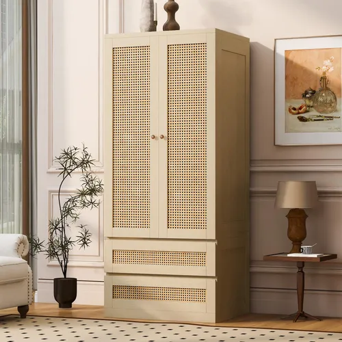 MODFU Kleiderschrank mit Rattan-Optik, 2 Türen und 2 Schubladen