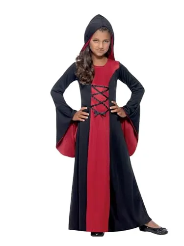 Halloween! Smiffys Kostüm Vamp, Rot und Schwarz, mit Kleid und Kapuze, Schnürdetail, für Kinder