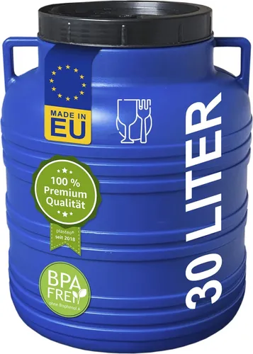 plasteo® 30 Liter Weithalsfass mit Deckel und Griffen, Lebensmittelecht und BPA-Frei Gepäcktonne Sauerkrautfass Futtertonne